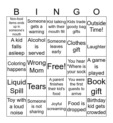 Kid Party Bingo Card