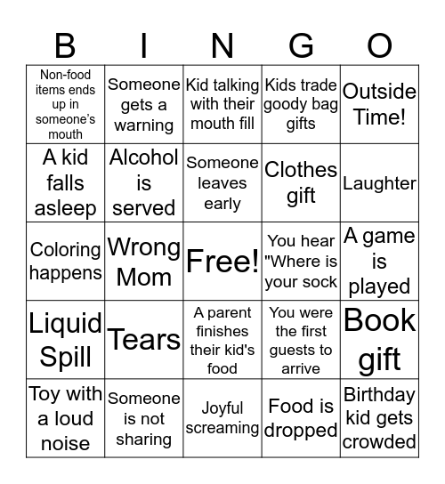 Kid Party Bingo Card
