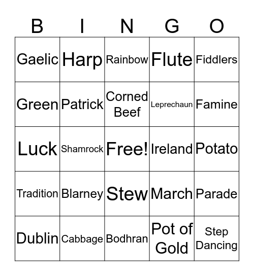 St. Patrick's Day Bingo Card