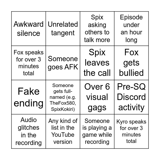 Side Quest Bingo Card