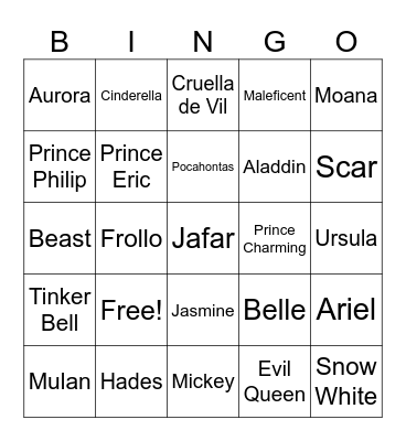 Disney Character Bingo Card