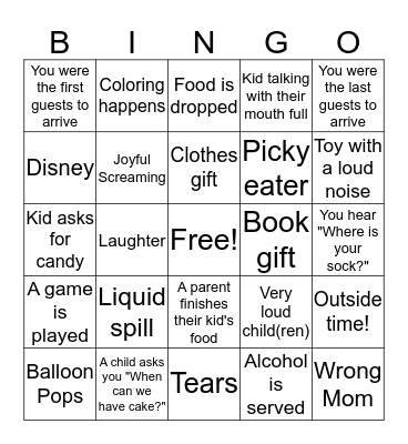 Kid Party Bingo Card