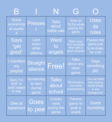 Kaleb playing the binding of Isaac Bingo Card