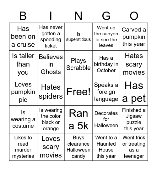 Halloween Mix and Mingle Bingo Card