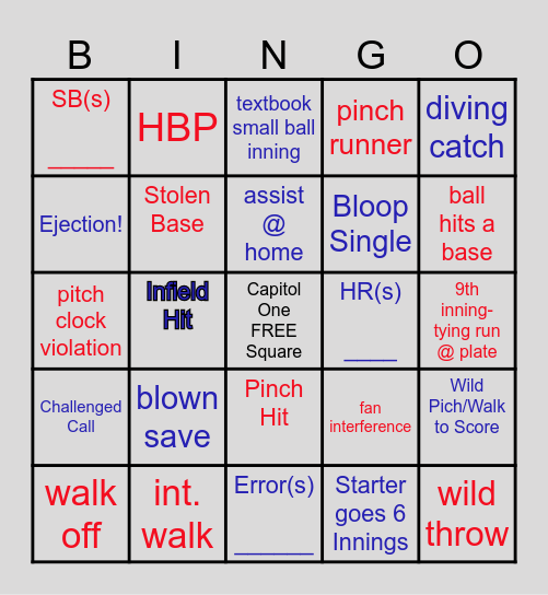 Capital One Fall Classic Bingo Card