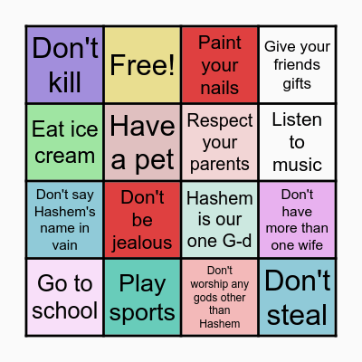 Ten Commandments Bingo Card