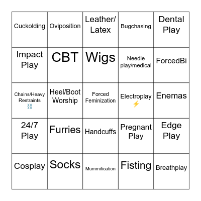 Fetishes And Kinks Bingo Card