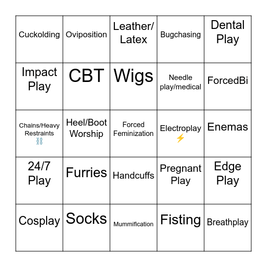 Fetishes And Kinks Bingo Card