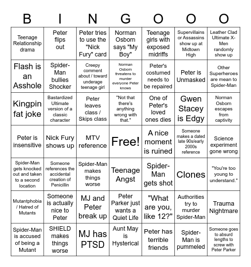 Ultimate Spider-Man Bingo Card