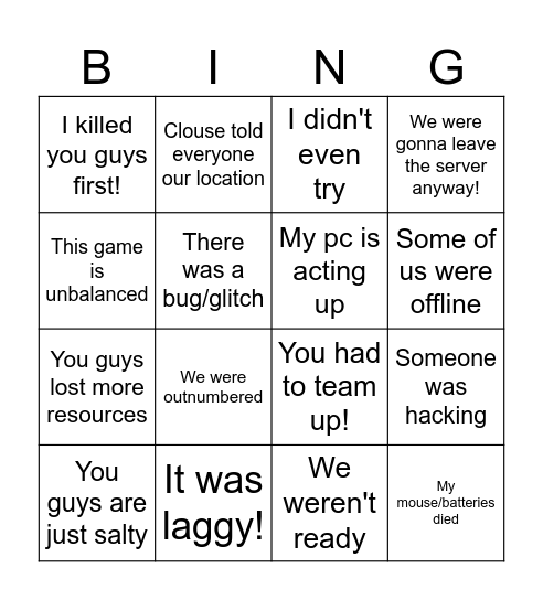 Silent's Excuses Bingo Card