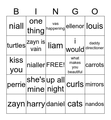 one direction Bingo Card