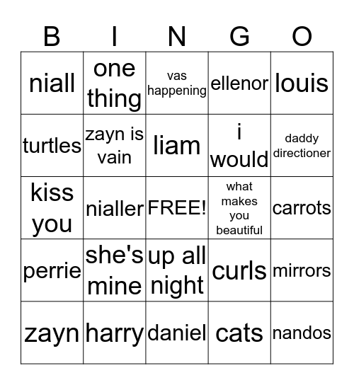 one direction Bingo Card