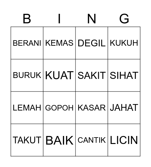 KATA ADJEKTIF: SIFAT / KEADAAN Bingo Card