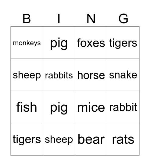 animals Bingo Card