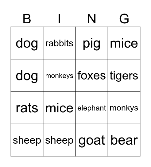 animals Bingo Card