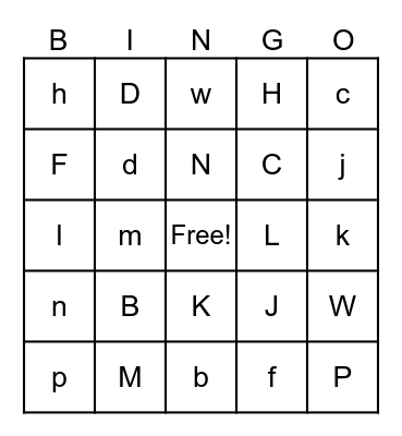 Upper and Lower Case Letters Bingo Card