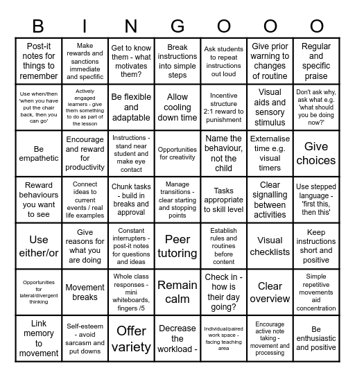 ADHD Strategies Bingo Card