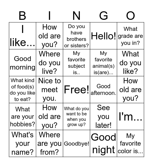 Greetings Bingo  Bingo Card