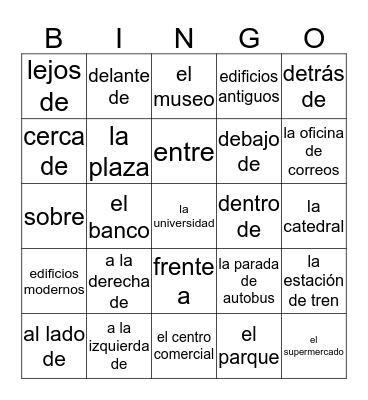 PREPOSICIONES DE LUGAR Y ORIENTACION Bingo Card