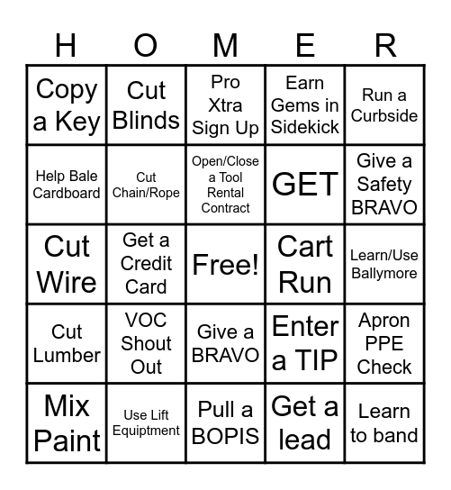 Home Depot Bingo Card