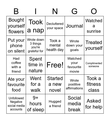 Self Care Bingo Card