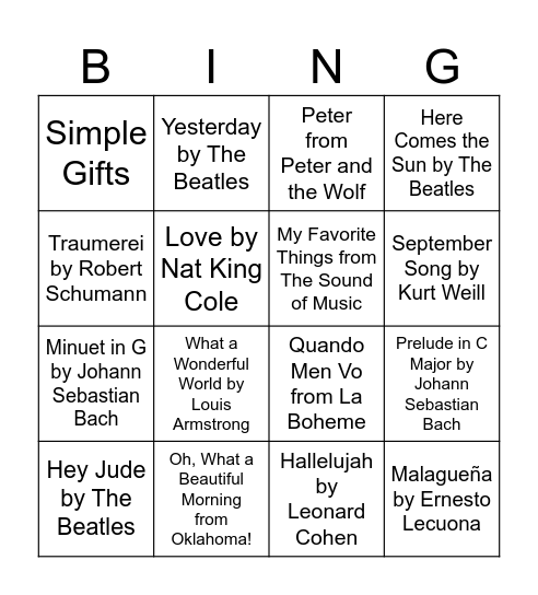 Musical Bingo Card