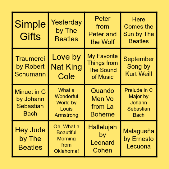 Musical Bingo Card