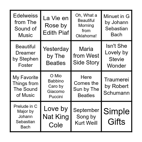 Musical Bingo Card