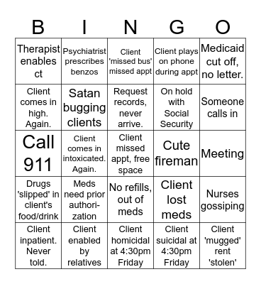 Mental Health Case Manager Bingo Card