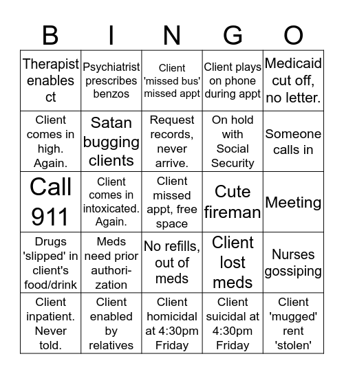 Mental Health Case Manager Bingo Card