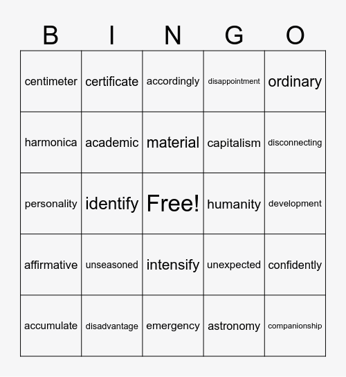 Multisyllabic Words Bingo Card