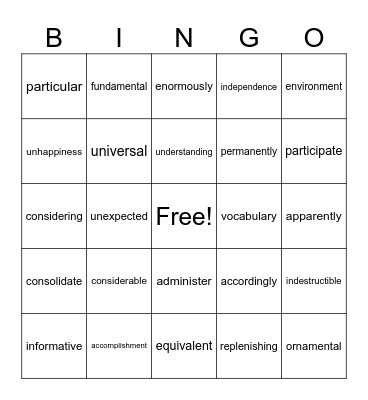 4-5 Multisyllabic Words Bingo Card