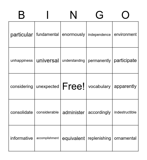 4-5 Multisyllabic Words Bingo Card