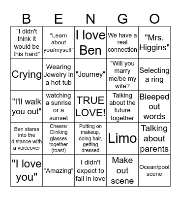 Whenever a phrase is uttered or one of the activities described takes place, mark that square on her board.  Bingo Card