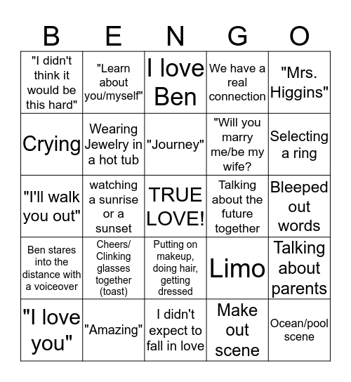 Whenever a phrase is uttered or one of the activities described takes place, mark that square on her board.  Bingo Card