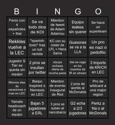 DC Yuste Offseason 2023 Bingo Card