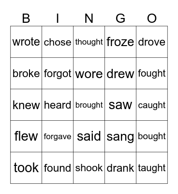 Spelling Week 9: Past Tense Irregular Verbs Bingo Card