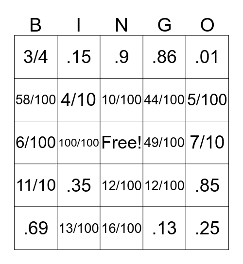 Decimal and Fraction Bingo Card