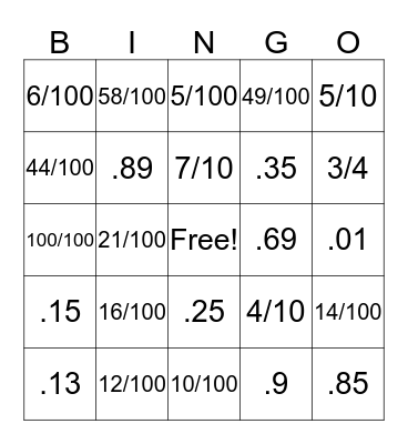 Decimal and Fraction Bingo Card