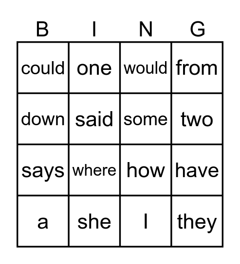 Tricky Words Bingo Card