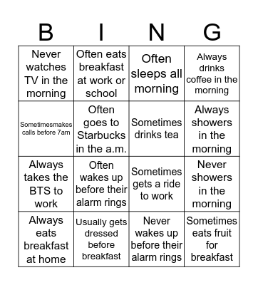 Morning Routine Bingo Card
