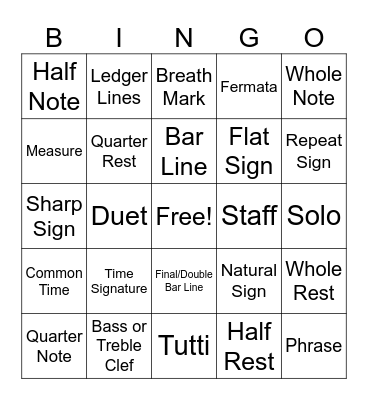 Beginning Band Bingo #1 Bingo Card