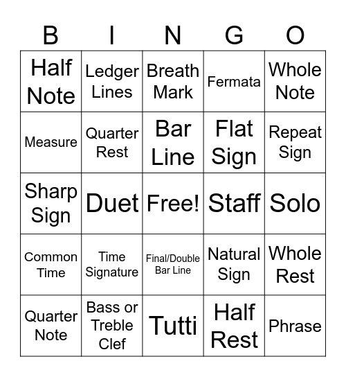 Beginning Band Bingo #1 Bingo Card