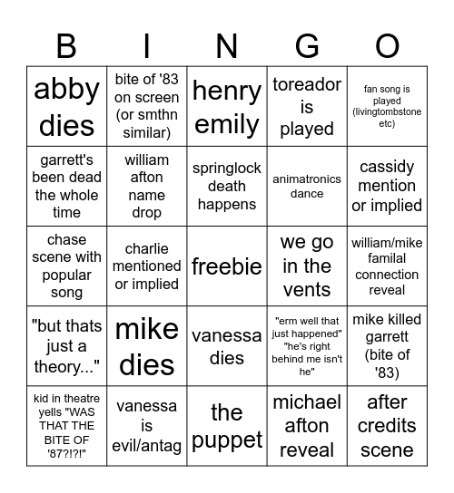 riley's fnaf movie bingo Card