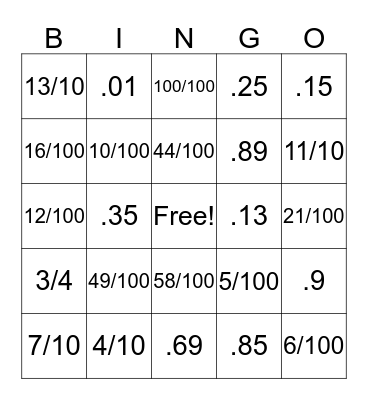 Decimal and Fraction Bingo Card