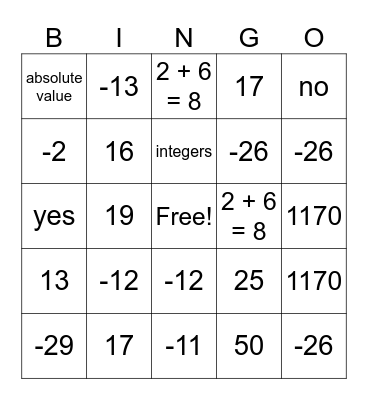Add and Subtract Integers Bingo Card