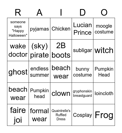 All Saints' Wake Silly Raid Bingo Card