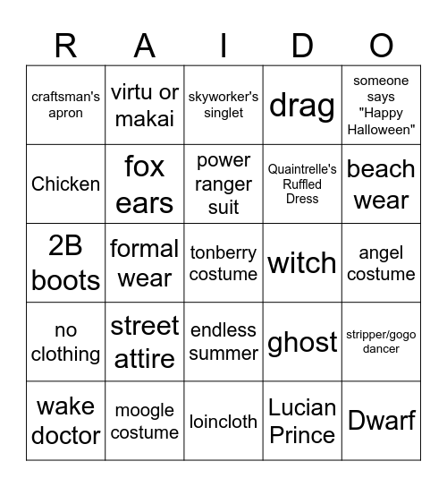 All Saints' Wake Silly Raid Bingo Card