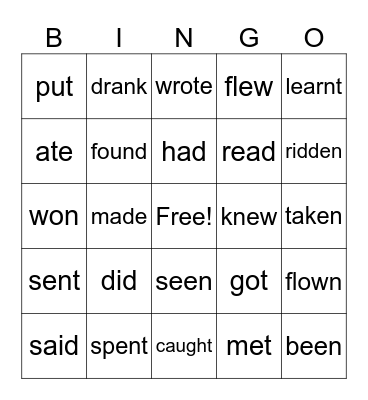 Irregular verbs bingo Card