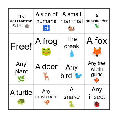 Wissahickon Field Trip Nature Bingo Card